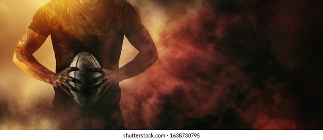 Rugby football player holds ball. Sports banner. Red smoke background - Powered by Shutterstock