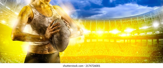 Rugby football woman player holds ball. Sports banner. Horizontal copy space background - Powered by Shutterstock