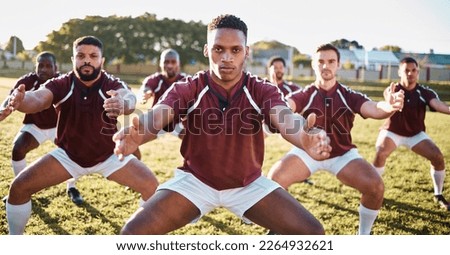 Rugby, haka or team with motivation, solidarity or support in a battle cry, war dance or challenge with unity. Performance, fitness group or athletes dancing before a game or match on a grass stadium