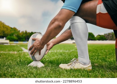 Rugby, hands and man ready with ball to score goal on field at game, match or practice workout. Sports, fitness and professional player on grass, motivation, energy and skill in team sport challenge. - Powered by Shutterstock