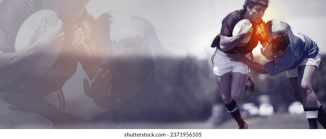 Rugby injury, banner or sports people running fast on field for game practice or match with pain. Arm accident, fitness mockup space or athlete players in action or training with joint inflammation - Powered by Shutterstock