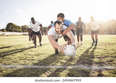 Rugby, man and diving with ball for touchdown or win score with a try, tackle and competitive sports or game. Team, athlete and field for football or running for championship tournament and match. - Powered by Shutterstock