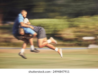 Rugby, man and tackle on field for sports, performance and competition with ball for cardio. Motion or action, athlete and playing game outdoor for fitness club, exercise or training for development - Powered by Shutterstock