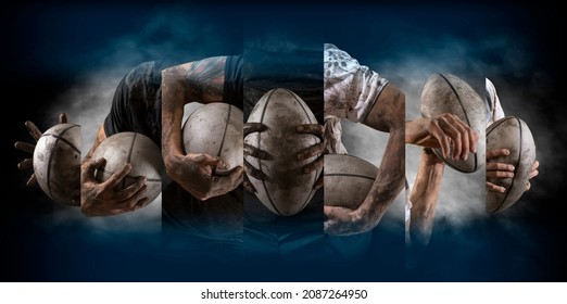 Rugby player in action on black background. Sports banner. Horizontal copy space background - Powered by Shutterstock