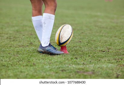 Rugby Player Preparing To Kick The Oval Ball During Game