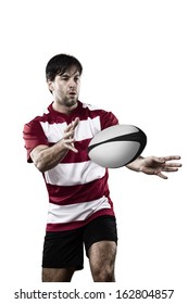 Rugby Player In A Red Uniform. White Background