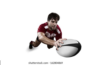 Rugby Player In A Red Uniform. White Background