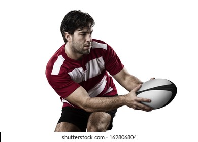 Rugby player in a red uniform. White Background - Powered by Shutterstock