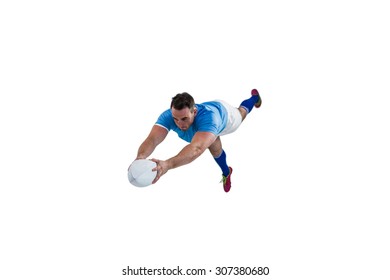 Rugby Player Scoring A Try On White Background