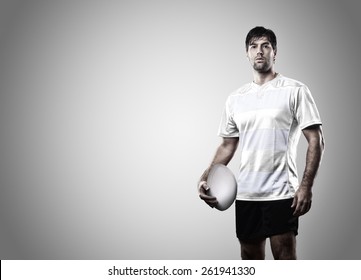 Rugby Player In A White Uniform On A White Background.