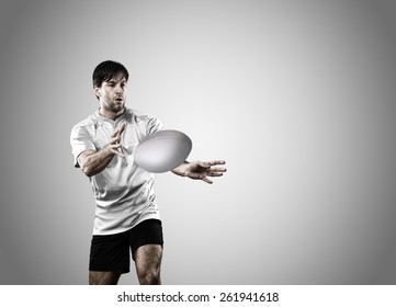 Rugby Player In A White Uniform On A White Background.