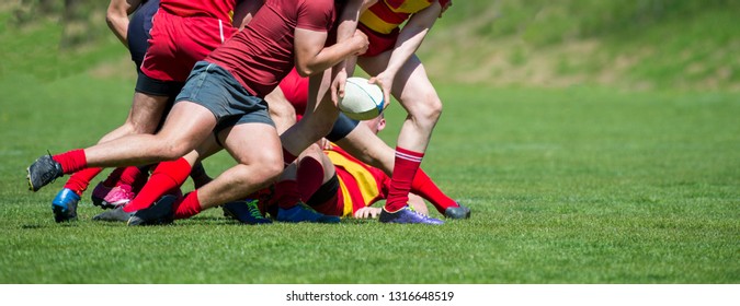 Rugby players fight for the ball on professional rugby stadium - Powered by Shutterstock