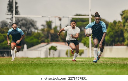 Rugby, running or sports men in game playing a training game for cardio exercise or workout outdoors. Fitness speed, black man or fast African athlete player with ball exercising on field in stadium - Powered by Shutterstock