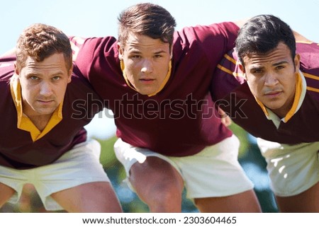 Rugby, sports and men for team portrait outdoor on pitch for scrum, hug or teamwork. Male athlete group playing together in sport competition, game or training match for fitness, workout or exercise