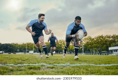 Rugby, sports and men training, score and exercise for balance, endurance and workout for wellness. Team, male athletes or players with ball, victory or winning on grass field, competition and active