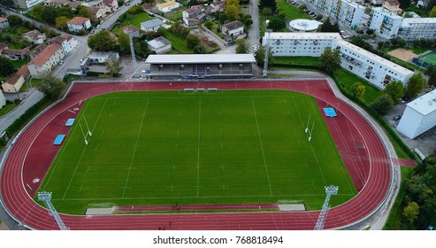 Rugby Stadium With Athletic Track In Aerial View