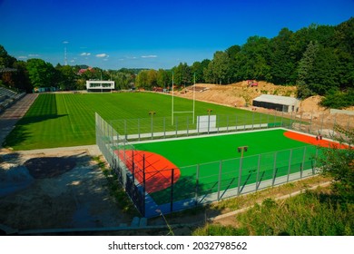 Rugby Stadium Construction Final Step Green Grass Sport Meadow Top View 