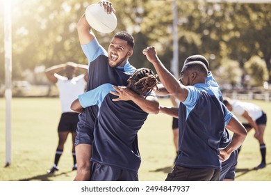 Rugby, team and happy with celebration on grass with ball for winning score or touchdown, victory and achievement. Football, diversity and people with athletic success on field, competition and game. - Powered by Shutterstock