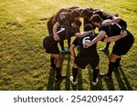 Rugby, team and huddle together for exercise, motivation and game field for match preparation. Above sports, fitness and group of men outdoor with competition planning, club and practice with talk