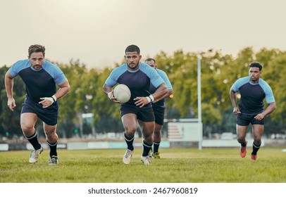 Rugby, team and men training, playing on grass field and exercise for healthy lifestyle, balance and wellness. Male players, athletes and guys outdoor, competition and match for fitness and practice - Powered by Shutterstock