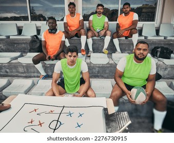 Rugby team, people and coach with strategy on clipboard for exercise event, game formation or match planning at stadium. Diversity group, sports men portrait and training goals, discussion or mission - Powered by Shutterstock