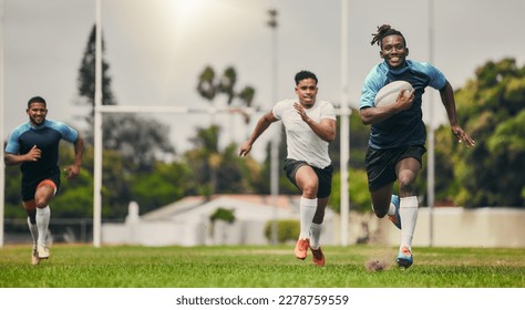 Rugby team or people running fast on field in competition, game or match strategy, energy and challenge for goals. Speed of sports men, athlete or friends on pitch for gaming event moving in action - Powered by Shutterstock