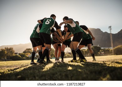 Rugby team putting their hands together after victory. Rugby players cheering and celebrating win. - Powered by Shutterstock