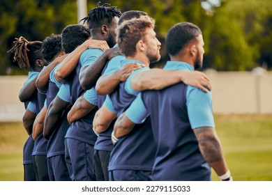 Rugby, team and sports with a group of men outdoor, standing together on a field before a competitive game. Collaboration, fitness and focus with teammates ready for sport at a stadium event