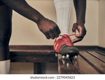 Rugby, tie shoes or hands of man ready to start playing a training game for exercise or workout. Zoom, fitness or Healthy athlete player with footwear or boots in changing room or sports club bench - Powered by Shutterstock