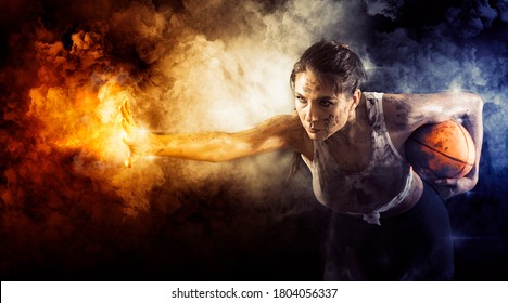 Rugby woman player holds ball. Sports banner. Horizontal copy space background - Powered by Shutterstock