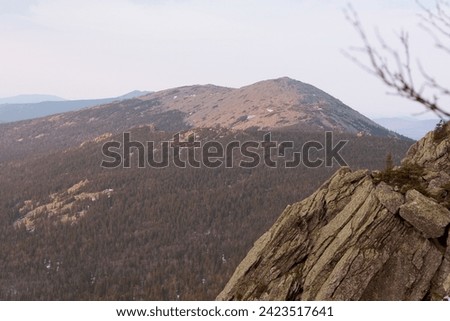 Rugged beauty of the rocky mountain range, a scene of solitude and peace with wind through trees, dramatic rock outcropping, and scraggly trees symbolizing resilience and hope in the wilderness. Stock foto © 