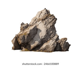 A rugged boulder formation isolated against, highlighting the textured layers of rock