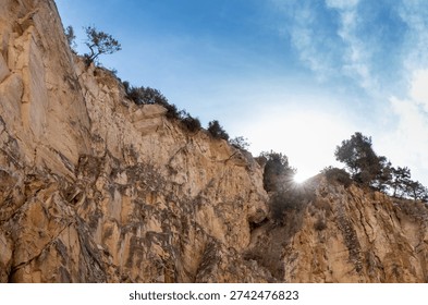 Rugged cliff face with sparse vegetation reaching towards the sky, capturing sun rays on a clear blue day