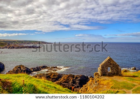 The rugged coastline of the Moray Firth at Portsoy with ruined building perchd on cliff tops taken in late summer.