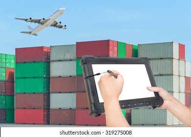 Rugged Computers Tablet Checking Containers For Logistic Concept