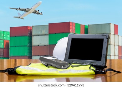 Rugged Computers Tablet Checking Containers For Logistic Concept
