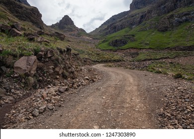 Rugged Dirt Road Over Mountain; Sani Pass On South Africa - Lesotho Border.