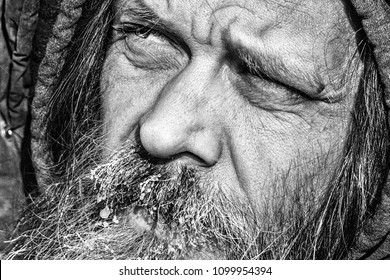 Rugged Frozen Beared Old Man Closeup Portrait In Black And White, North Pole And Arctic Explorer