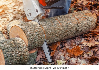 Rugged Lumberjack with Chainsaw Cutting Tree Trunk in Forest - Forestry and Woodcutting Work - Powered by Shutterstock