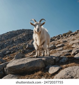 In the rugged majesty of a mountainous landscape, a sturdy goat with coarse, white fur confidently scales the steep, rocky terrain. With agile hooves finding purchase on the uneven surface, it navigat - Powered by Shutterstock
