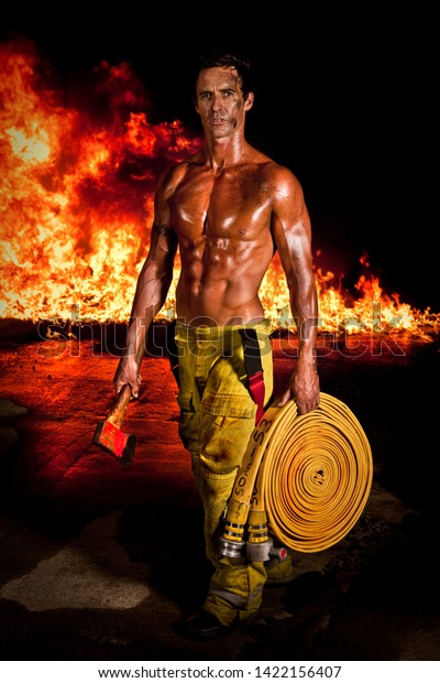 Rugged Muscular Firefighter Axe Firehose Hands Stock Photo (Edit Now ...