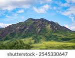 Rugged, rocky, green and brown Mountain peak, with blue summer sky and white clouds above, in Denali National Park, Alaska