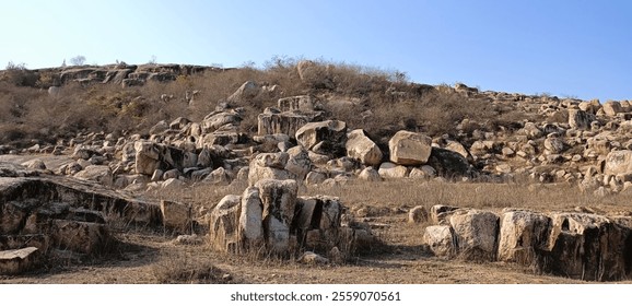 A rugged rocky landscape featuring large boulders and distinctive rock formations under a clear blue sky. The dry terrain is accentuated by sparse vegetation,including small bushes and a solitary tree - Powered by Shutterstock