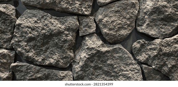 Close‑up of a rugged stone wall composed of irregularly shaped rocks fitted together with visible gaps filled by dark mortar. The natural variation in size and shape creates a rustic, textured appearance, often used in landscaping and traditional architecture.
