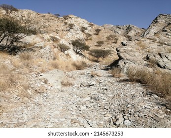 Rugged terrain in a rocky desert wadi (dry ravine) in the Hajar Mountains range in Fujairah emirate, United Arab Emirates. Inhospitable Arabian Gulf desert concept. - Shutterstock ID 2145673253
