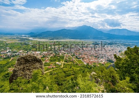 Rugged trees top and big rock in blur view from above of a small town, mountain, river, fields, and houses from afar