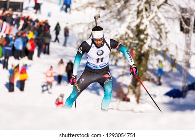 Ruhpolding, Germany - January 17, 2019: Martin Fourcade (France) During Sprint Race At The IBU World Cup Biathlon.