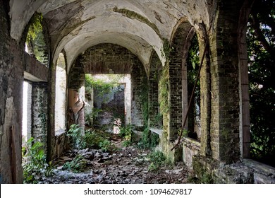 Ruined Abandoned Overgrown By Plants Interior Of Abandoned Mansion, Abkhazia, Georgia.