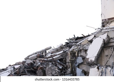 Ruined Building. A Pile Of Concrete, Rubble And Reinforcement Debris Isolated On A White Background.