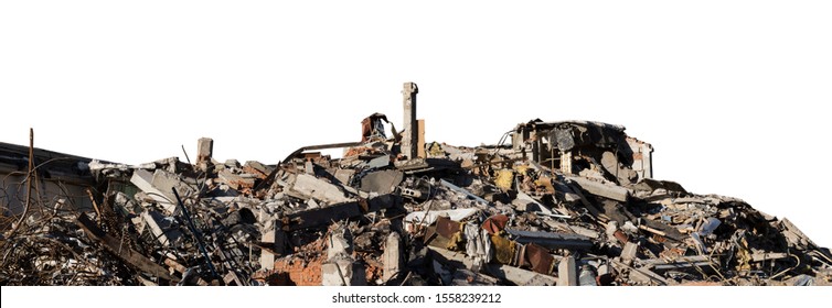 Ruined building. A pile of concrete, rubble and reinforcement debris isolated on a white background. Clipping path saved